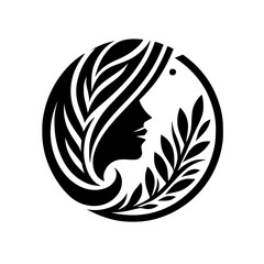 Silhouette of a woman, with a leaf branch, in a circular form.