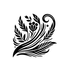 Black and white floral illustration featuring a flower, leaves, and curving elements on a white backdrop.