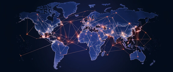 A high-tech digital world map with glowing network connections across continents, symbolizing global communication, data exchange, and international connectivity.