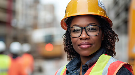 A confident woman in a hard hat and safety vest stands at a construction site.