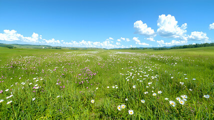 Fototapeta premium Sunny meadow, wildflowers, blue sky, summer landscape, nature background