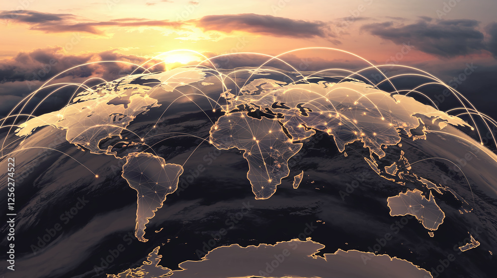 Poster a futuristic digital global network with glowing connections between continents, showcasing worldwid