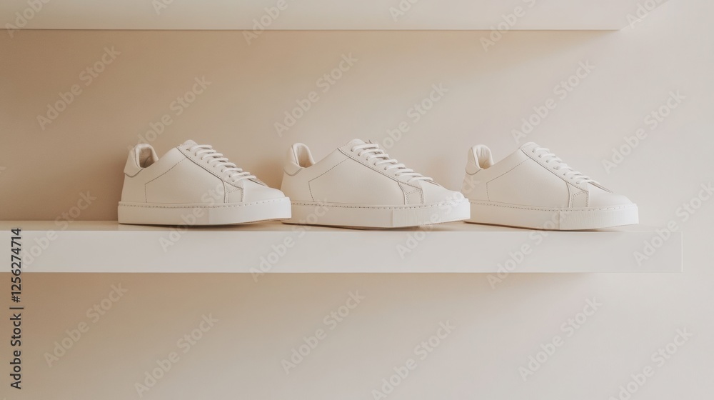 Poster stylish minimalist shoe shelf featuring neatly arranged trendy sneakers in a bright, modern space. g