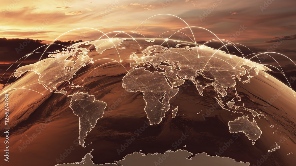 Poster A futuristic global network visualization with glowing connections between continents, illustrating worldwide digital communication and connectivity in a globalized technological landscape.