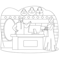 Arabic shopkeeper Selling ladies handbags vector icon design ramadan and Eid al-Fitr Banner Muslim fasting month scene Islamic holidays illustration, Emirati Muslim Lady doing pre-eid shopping concept