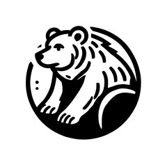 A minimalist black and white illustration of a bear nestled inside a circle, ideal for logos or emblems.
