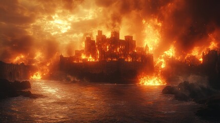 Naklejka premium Fiery Castle Under Siege A Dramatic Scene of Flames and Smoke Surrounding a Medieval Fortress