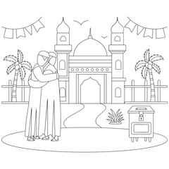 expressing love brotherhood outside vector icon design ramadan and Eid al-Fitr outline, Muslim fasting month sketch Arabic holidays illustration, Two men are warmly embracing and wearing thobe Concept