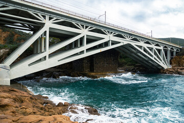 Sea storm on the coast and Calafuria bridge, via Aurelia road. Livorno Tuscany Italy