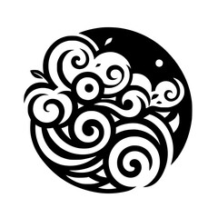 Swirling black and white design. An abstract, circular composition with waves and other forms.