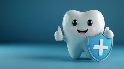 Cute tooth character promotes dental insurance with a thumbs up and a shield symbolizing protection and care