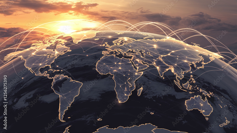 Poster A glowing digital world map showcasing global connections, with lines connecting countries across continents, symbolizing worldwide communication, digital networks, and globalization.