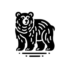 A minimalist illustration of a bear, presented in a black-and-white style, standing on a white background.