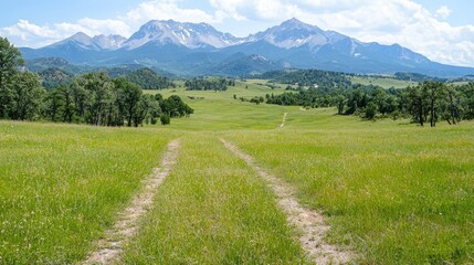 Mountain meadow path under a partly cloudy sky.  Possible use nature background