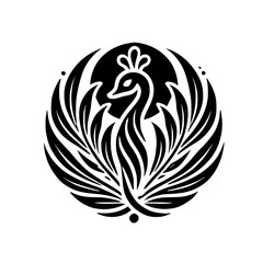 Black and white stylized peacock emblem of a peacock-like bird with a circular shape.