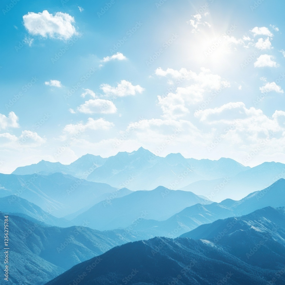 Aufkleber Majestic mountain range under soft clouds in a clear blue sky with ample space for text and creativity. Generative AI