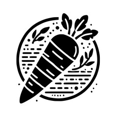 Minimalist stylized illustration of a carrot on a black background, a circle and dotted composition.