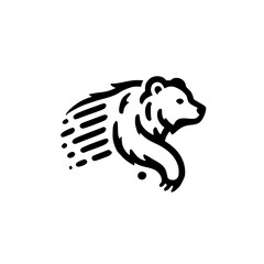 Bear emblem, a black and white line art illustration of a walking bear, conveying movement and dynamism.
