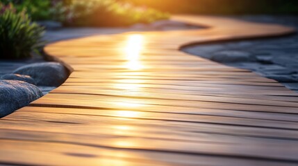 Fototapeta premium Golden Hour Wooden Pathway - Serene sunset, curved wooden path, warm light, peaceful journey, nature's tranquility