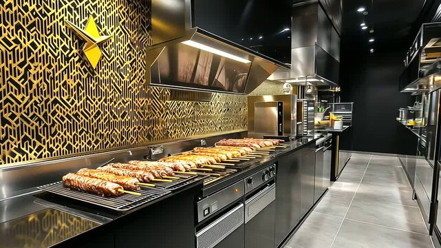 Golden-brown meat roasting on a spit, with sleek black counters and geometric wall patterns creating an upscale atmosphere in a modern shawarma shop.