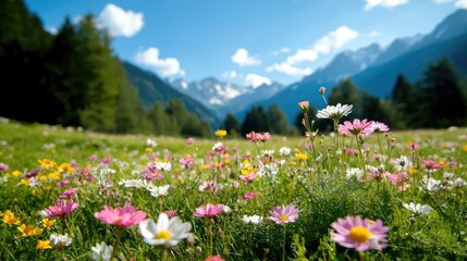 Fototapeta premium Alpine meadow wildflowers, mountain backdrop, sunny day, nature scene, desktop wallpaper