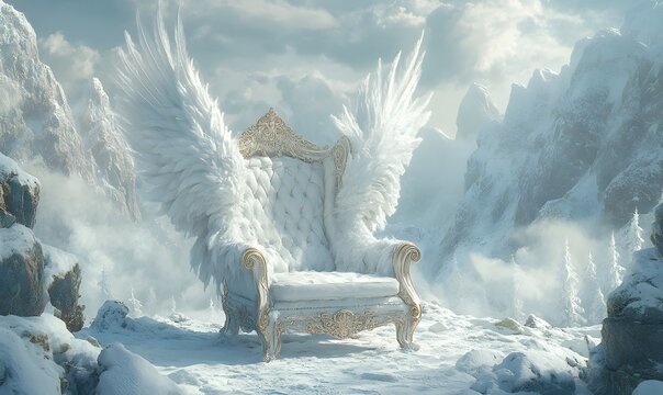 A winged white ornate chair sits majestically in a snowy mountain landscape fantasy art