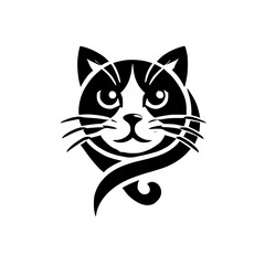 A stylized cat graphic against white, featuring a cheerful design with a curved shape and detailed whiskers.