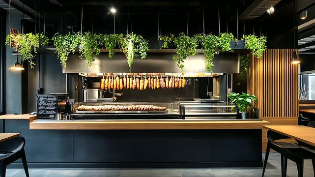 A spit of perfectly roasted meat takes center stage, surrounded by hanging plants and warm lighting in a contemporary shawarma shop with eco-friendly decor.