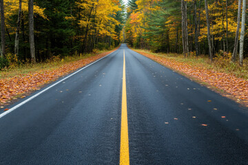 A photo of a straight road cutting through a forest  Generative AI	
