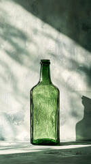A minimalist composition featuring a green glass bottle casting shadows on a neutral background, evoking a sense of tranquility and simplicity.