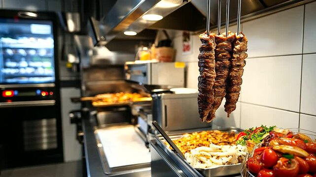 A vertical spit of meat roasting to perfection, with clean, white tile walls and a touch-screen ordering station in a sleek shawarma shop.