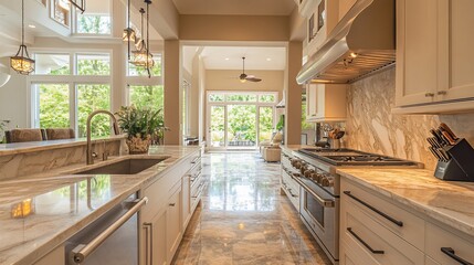 Luxurious modern kitchen with open view of backyard