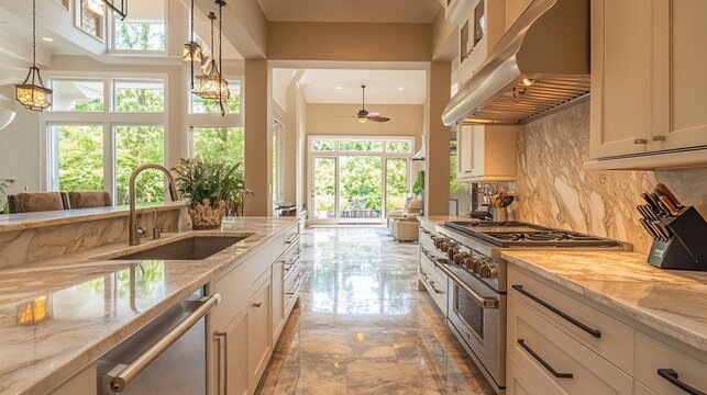 Luxurious modern kitchen with open view of backyard