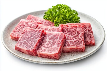 Raw wagyu beef slices isolated on white background with garnish