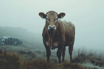A photo of a cow standing in the middle of a foggy field in the early morning Generative AI	
