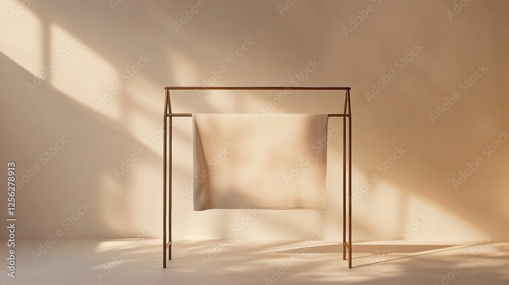 Poster minimalist clothing rack displaying neatly arranged garments in a sunlit room. generative ai