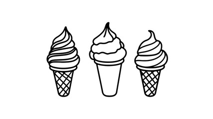 Ice cream cones illustration. Three desserts vector image. Food industry menu cafe. Minimalist line art style white background