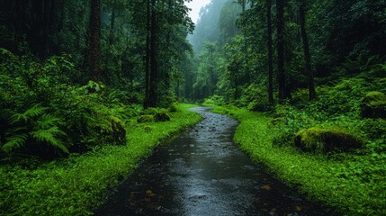 Obraz premium Serene Stream Flows Through Lush Green Forest