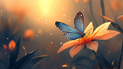 Blue butterfly on flower, sunset field, magical sparkles, nature serenity, card design