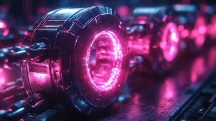 Futuristic tech, glowing components, dark industrial setting