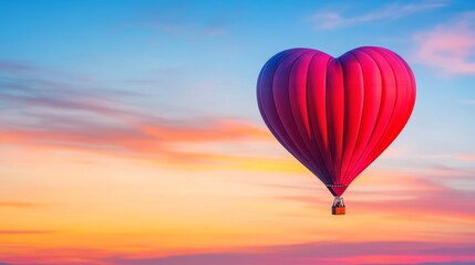Obraz premium Heart Shaped Balloon Sunset Flight - A romantic heart-shaped hot air balloon floats serenely against a vibrant sunset sky, symbolizing love, adventure, freedom, hope, and dreams
