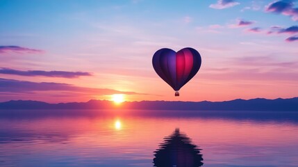 Obraz premium Heart Shaped Balloon Sunset Over Calm Water - A heart-shaped hot air balloon floats serenely over a calm lake at sunset, creating a romantic and peaceful scene