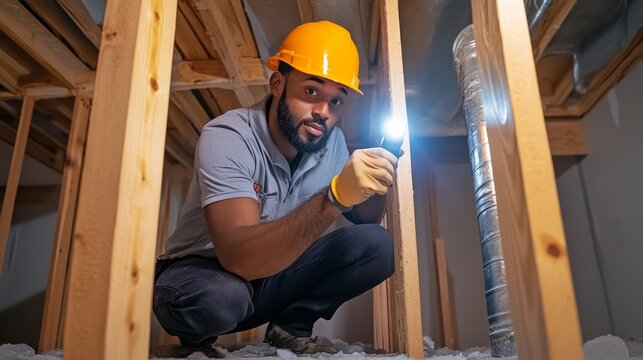 Home Inspector Examining Foundation - A focused home inspector, wearing a hard hat and gloves, uses a flashlight to carefully inspect a home's foundation