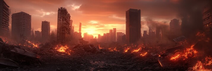 Post apocalyptic war landscape with destroyed buildings and fires at sunset