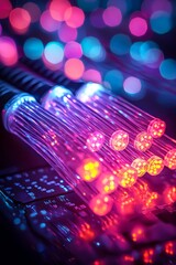 Obraz premium Glowing bundle of fiber optic cables in a dark server room showcasing advanced technology and connectivity.