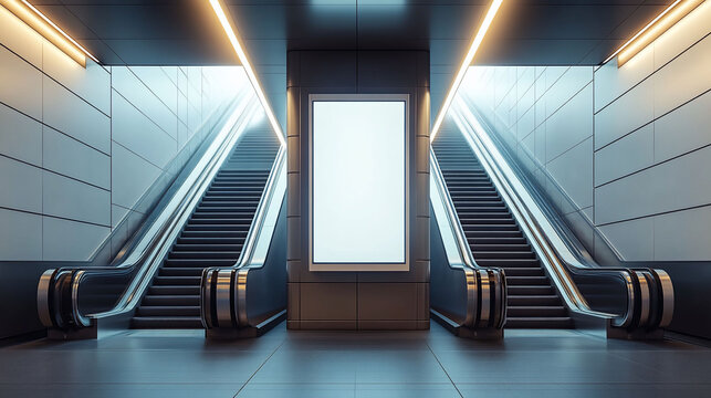 Blank billboard between escalators in modern subway station
