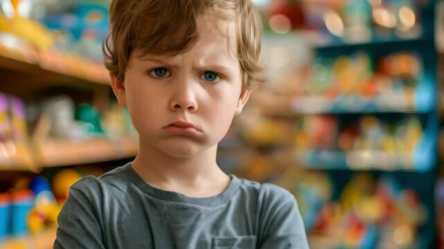Spoiled, disgruntled kid throwing a tantrum in toy store. Boy is angry because his parents do not want to buy him toys or satisfy his desires. Bad behavior, childish whims