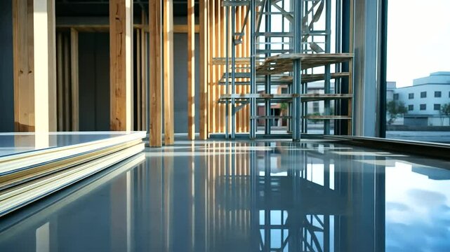 A row of smooth plasterboard panels stacked against an unfinished wooden wall, with construction scaffolding visible through the open framing.