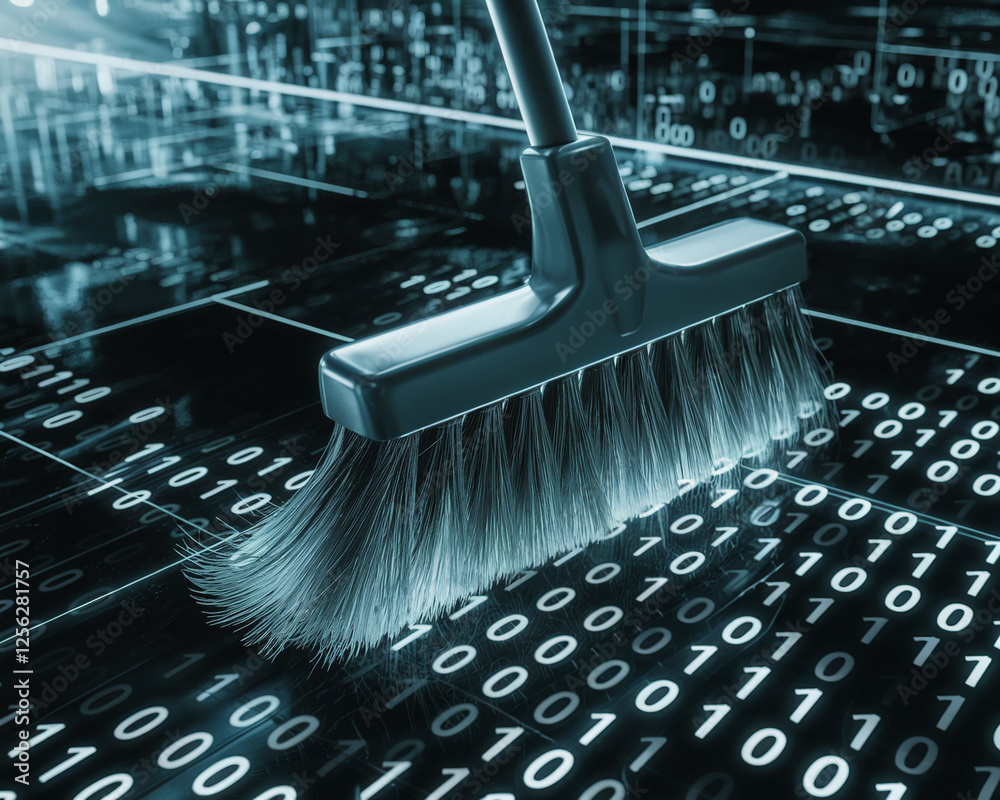 Poster A detailed image showing a broom removing binary data (1s and 0s) from a digital surface, symbolizing data cleaning, cybersecurity, and digital organization.