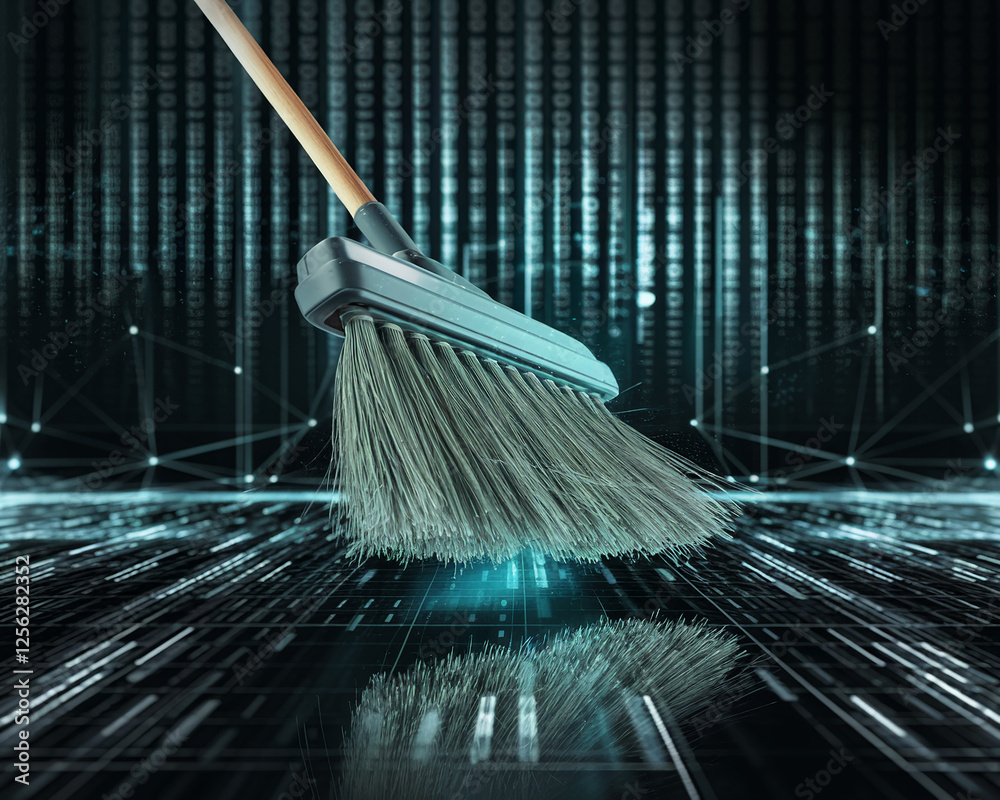 Poster A close-up view of a broom sweeping binary code (1s and 0s) across a digital surface, representing data cleaning, cybersecurity, and digital maintenance concepts.